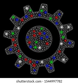 Bright mesh cogwheel with lightspot effect. White wire frame polygonal mesh in vector format on a black background. Abstract 2d mesh designed with polygonal grid, round dots, colorful flash spots.
