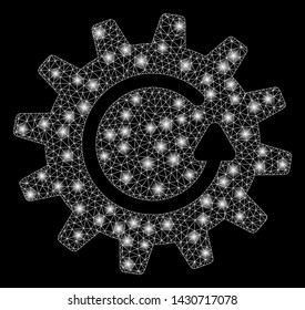 Bright mesh cogwheel rotation with sparkle effect. Abstract illuminated model of cogwheel rotation icon. Shiny wire carcass triangular mesh cogwheel rotation. Vector abstraction on a black background.