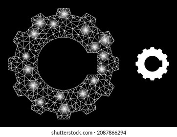 Bright mesh cogwheel web icon with sparkle spots. Illuminated model done using cogwheel vector icon. Sparkle frame web polygonal cogwheel, on a black background.