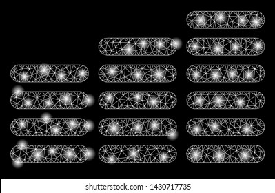 Bright mesh coin columns with glitter effect. Abstract illuminated model of coin columns icon. Shiny wire frame polygonal mesh coin columns. Vector abstraction on a black background.