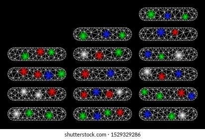 Bright mesh coin columns with lightspot effect. White wire frame triangular mesh in vector format on a black background. Abstract 2d mesh designed with triangular lines, points, colored light spots.