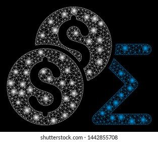 Bright mesh coin summary with glare effect. Abstract illuminated model of coin summary icon. Shiny wire frame triangular mesh coin summary. Vector abstraction on a black background.