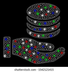 Bright mesh coins donation hand with glow effect. White wire frame triangular mesh in vector format on a black background. Abstract 2d mesh created from triangular lines, spheric points,