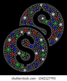Bright mesh coins with glare effect. White wire carcass polygonal mesh in vector format on a black background. Abstract 2d mesh built from polygonal grid, small circle, colored glare spots.