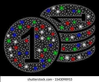 Bright mesh coins with glow effect. White wire carcass triangular mesh in vector format on a black background. Abstract 2d mesh created from triangular lines, round dots, colored flare spots.