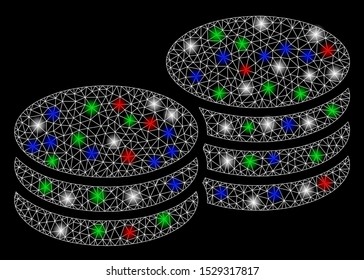 Bright mesh coins with lightspot effect. White wire frame triangular mesh in vector format on a black background. Abstract 2d mesh designed with triangular lines, spheric points, colored flare spots.