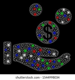 Bright mesh coins payment hand with lightspot effect. White wire carcass triangular mesh in vector format on a black background. Abstract 2d mesh designed with polygonal grid, round dots,