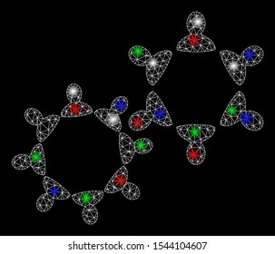 Bright mesh collaboration with glare effect. White wire frame triangular mesh in vector format on a black background. Abstract 2d mesh designed with triangular lines, dots, colored glare spots.