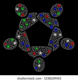 Bright mesh collaboration with glow effect. White wire carcass triangular mesh in vector format on a black background. Abstract 2d mesh designed with triangular lines, small circle,