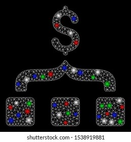 Bright mesh collect money with glare effect. White wire frame triangular network in vector format on a black background. Abstract 2d mesh designed with triangular lines, dots, colored flare spots.