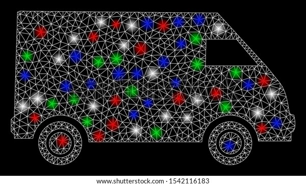 Bright mesh collector car with glow effect. White\
wire frame triangular mesh in vector format on a black background.\
Abstract 2d mesh designed with triangular lines, dots, colorful\
flash spots.