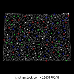 Bright mesh Colorado State map with lightspot effect. Wire carcass triangular mesh in vector format on a black background. Abstract 2d mesh designed with triangular lines, dots, colored flash spots.