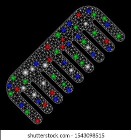 Bright mesh comb with glow effect. White wire frame polygonal mesh in vector format on a black background. Abstract 2d mesh designed with polygonal grid, round dots, colored flare spots.