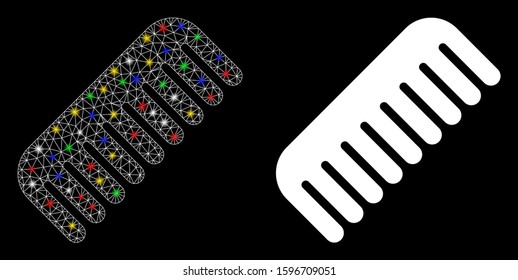 Bright mesh comb icon with sparkle effect. Abstract illuminated model of comb. Shiny wire carcass polygonal mesh comb icon. Vector abstraction on a black background.