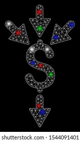 Bright mesh combine payments with glow effect. White wire frame polygonal mesh in vector format on a black background. Abstract 2d mesh designed with triangles, dots, colorful flash spots.