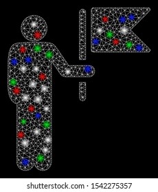 Bright mesh commander with flag with glare effect. White wire frame polygonal mesh in vector format on a black background. Abstract 2d mesh designed with polygonal grid, dots, colored light spots.