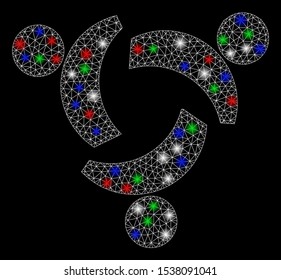 Bright mesh community with glare effect. White wire carcass triangular mesh in vector format on a black background. Abstract 2d mesh created from triangular lines, spheric points, colored glare spots.