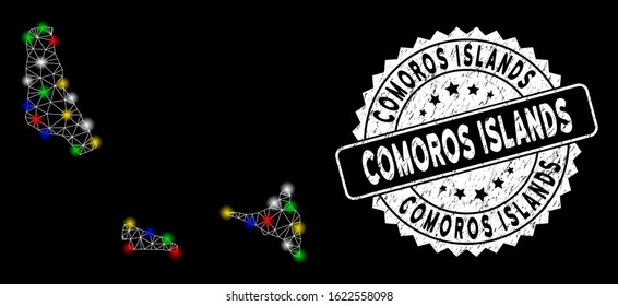 Bright mesh Comoros Islands map with lightspot effect, and rubber print. Wire carcass triangular Comoros Islands map mesh in vector format on a black background.