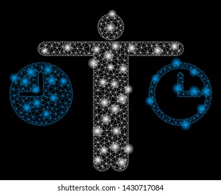 Bright mesh compare time with glare effect. Abstract illuminated model of compare time icon. Shiny wire frame triangular mesh compare time. Vector abstraction on a black background.