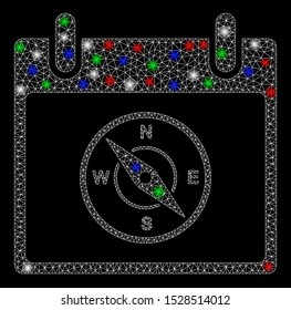 Bright mesh compass calendar day with glow effect. White wire frame polygonal mesh in vector format on a black background. Abstract 2d mesh designed with triangular lines, round dots,