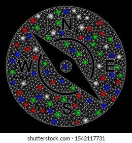 Bright mesh compass with glare effect. White wire carcass triangular mesh in vector format on a black background. Abstract 2d mesh designed with triangular lines, small circle, colored light spots.