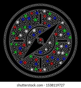 Bright mesh compass with glow effect. White wire carcass triangular mesh in vector format on a black background. Abstract 2d mesh designed with triangular lines, small circle, colored flare spots.