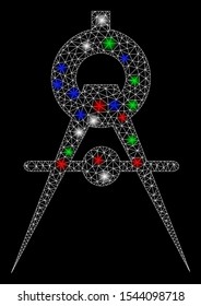 Bright mesh compasses with glare effect. White wire frame polygonal mesh in vector format on a black background. Abstract 2d mesh designed with polygonal grid, small circle, colored glare spots.