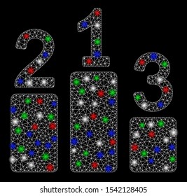 Bright mesh competition levels with lightspot effect. White wire frame polygonal mesh in vector format on a black background. Abstract 2d mesh created from polygonal grid, round dots,