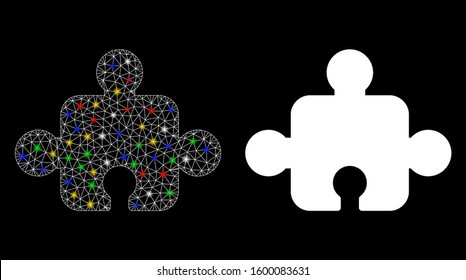 Bright mesh component icon with glow effect. Abstract illuminated model of component. Shiny wire carcass triangular mesh component icon. Vector abstraction on a black background.
