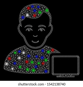 Bright mesh computer administrator with glare effect. White wire carcass triangular mesh in vector format on a black background. Abstract 2d mesh designed with polygonal grid, round dots,