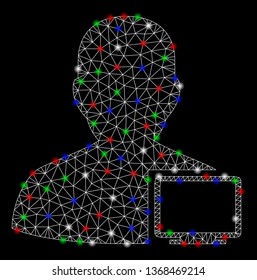 Bright mesh computer administrator with lightspot effect. White wire carcass triangular mesh in vector format on a black background. Abstract 2d mesh designed with polygonal grid, spheric points,
