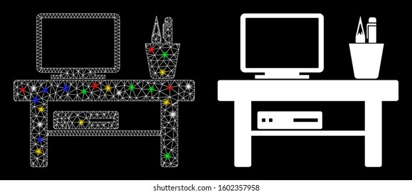 Bright mesh computer desk icon with sparkle effect. Abstract illuminated model of computer desk. Shiny wire frame triangular mesh computer desk icon. Vector abstraction on a black background.