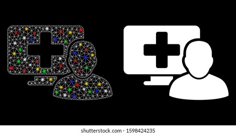 Bright mesh computer doctor icon with glow effect. Abstract illuminated model of computer doctor. Shiny wire frame polygonal mesh computer doctor icon. Vector abstraction on a black background.