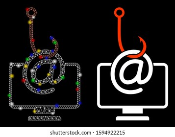 Bright mesh computer email phishing icon with glitter effect. Abstract illuminated model of computer email phishing. Shiny wire frame polygonal network computer email phishing icon.