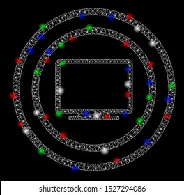 Bright mesh computer environment with glare effect. White wire carcass triangular mesh in vector format on a black background. Abstract 2d mesh designed with polygonal grid, small circle,