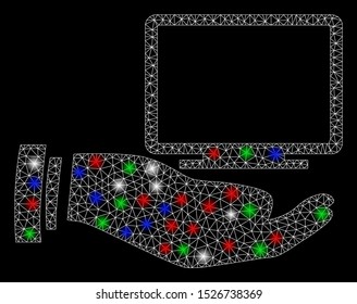 Bright mesh computer offer hand with glare effect. White wire carcass polygonal network in vector format on a black background. Abstract 2d mesh designed with triangular lines, points,