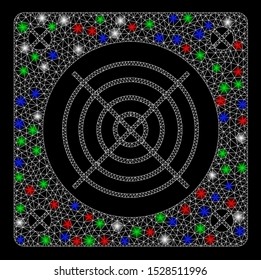 Bright mesh computer power supply with glare effect. White wire frame triangular mesh in vector format on a black background. Abstract 2d mesh designed with triangular lines, round dots,