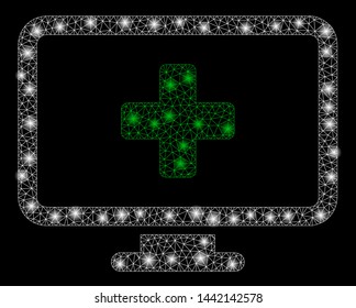 Bright mesh computer treatment with glow effect. Abstract illuminated model of computer treatment icon. Shiny wire carcass polygonal mesh computer treatment. Vector abstraction on a black background.