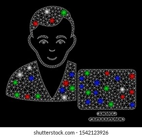 Bright mesh computer user with lightspot effect. White wire carcass triangular mesh in vector format on a black background. Abstract 2d mesh designed with triangular lines, points,