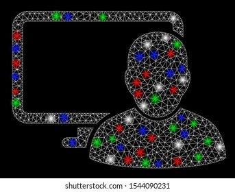 Bright mesh computer user with lightspot effect. White wire carcass polygonal mesh in vector format on a black background. Abstract 2d mesh designed with polygonal grid, small circle,