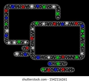 Bright mesh computer workgroup with glow effect. White wire frame triangular mesh in vector format on a black background. Abstract 2d mesh designed with triangles, round dots, colored light spots.