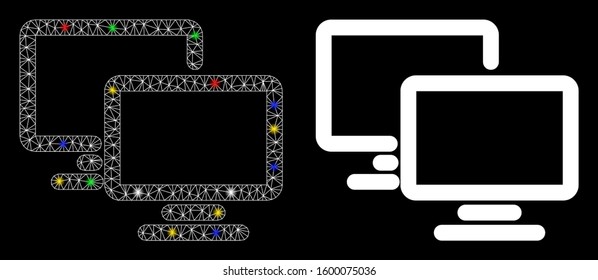Bright mesh computer workgroup icon with sparkle effect. Abstract illuminated model of computer workgroup. Shiny wire frame triangular mesh computer workgroup icon.