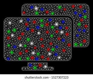Bright mesh computers with glow effect. White wire carcass triangular network in vector format on a black background. Abstract 2d mesh designed with triangular lines, round dots, colorful light spots.
