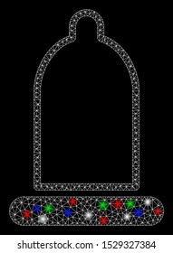 Bright mesh condom with glare effect. White wire frame triangular network in vector format on a black background. Abstract 2d mesh designed with triangles, points, colored glare spots.