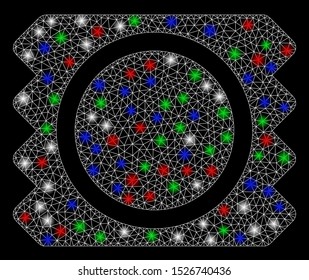 Bright mesh condom package with glow effect. White wire carcass polygonal mesh in vector format on a black background. Abstract 2d mesh designed with polygonal grid, points, colorful glare spots.