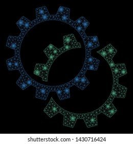 Bright mesh configuration gears with glitter effect. Abstract illuminated model of configuration gears icon. Shiny wire carcass triangular mesh configuration gears.
