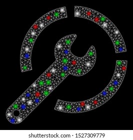 Bright mesh configure spanner with glow effect. White wire frame triangular mesh in vector format on a black background. Abstract 2d mesh designed with triangular lines, spheric points,