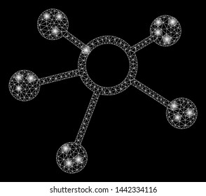 Bright mesh connections with glare effect. Abstract illuminated model of connections icon. Shiny wire carcass polygonal mesh connections. Vector abstraction on a black background.