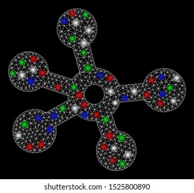 Bright mesh connections with glare effect. White wire carcass polygonal network in vector format on a black background. Abstract 2d mesh designed with polygonal grid, round dots, colorful light spots.