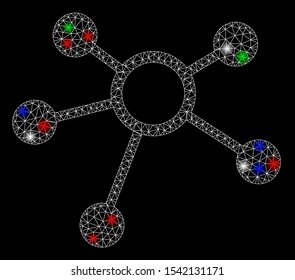 Bright mesh connections with glare effect. White wire carcass polygonal mesh in vector format on a black background. Abstract 2d mesh built from polygonal grid, round dots, colorful flash spots.
